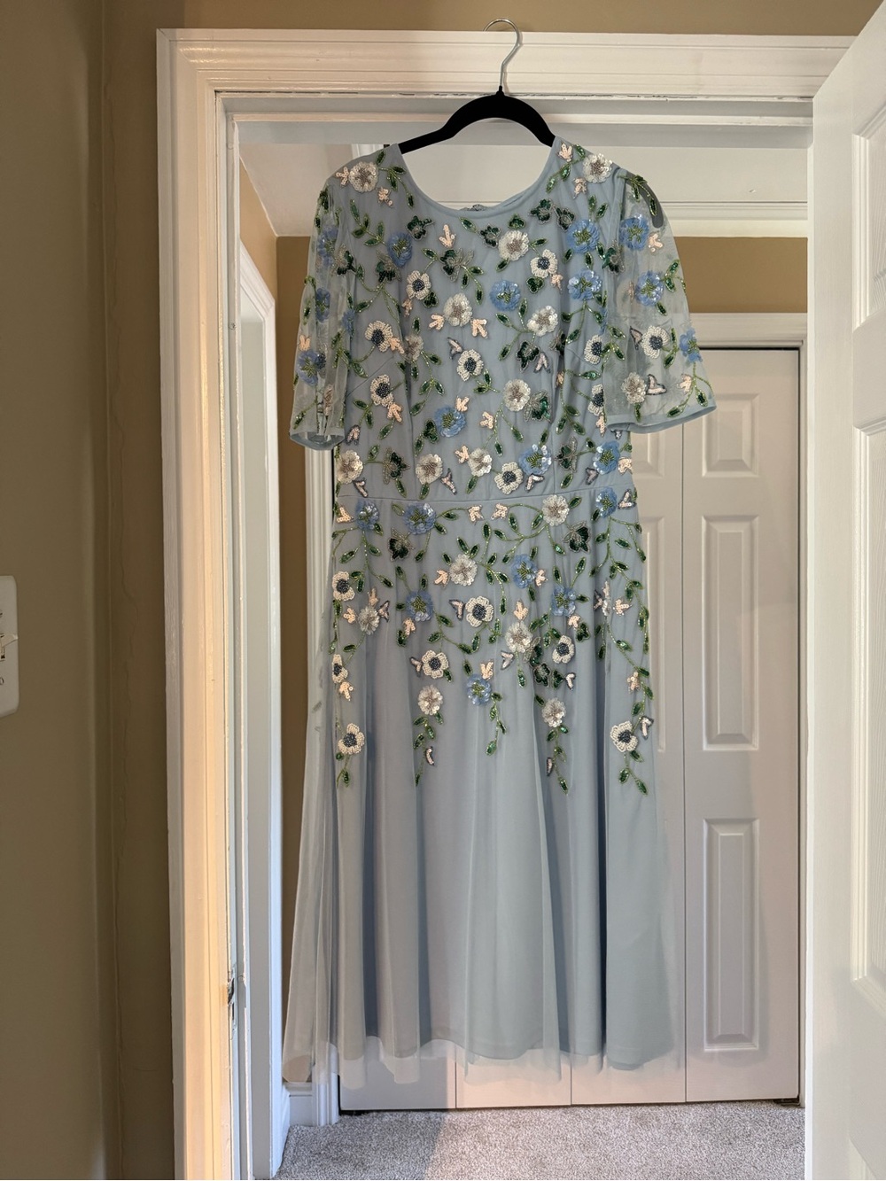 Adrianna Papell Light Blue Floral Embroidered Midi Dress
